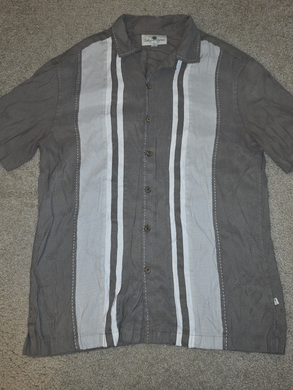 Island Shores Mens Short Sleeve Button Up Striped Woven Rayon Poly Gray L